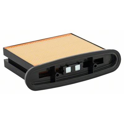 Air filter for a vehicle with rectangular, orange pleated paper and a black plastic frame.