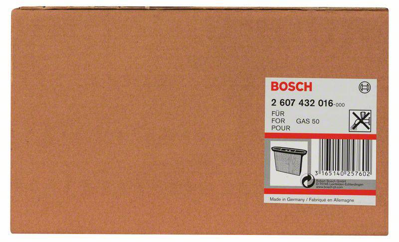 Brown Bosch cardboard box with a sticker 'Bosch 2 607 432 016' and an image of a filter for a GAS 50 vacuum cleaner. Made in Germany.
