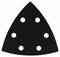 A triangular, black sanding paper with six evenly distributed round holes; used for sanding surfaces.