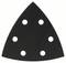 Black triangular sandpaper with six holes for attachment to a sanding device.