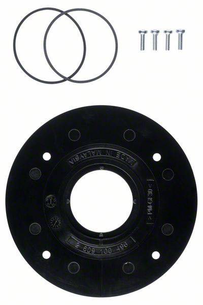 Black plastic flange plate with a central hole, two rubber seals, and four bolts. Accessory for pipe connections.