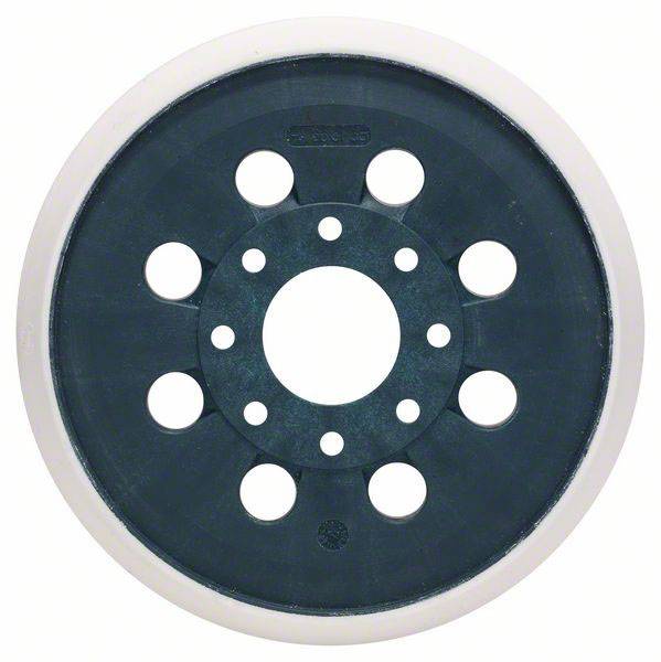 A round, black wheel with several holes in its interior and a white rim.