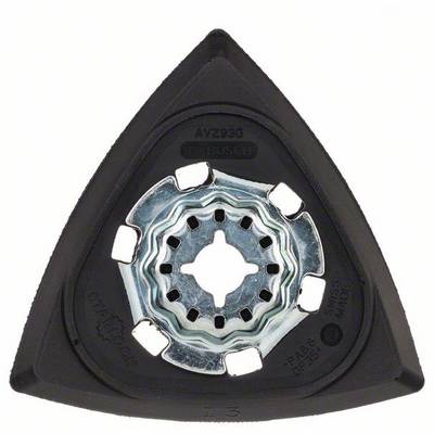 'Triangular sanding plate for multi-functional tools, compatible with Bosch devices, with metal-reinforced central hole.'