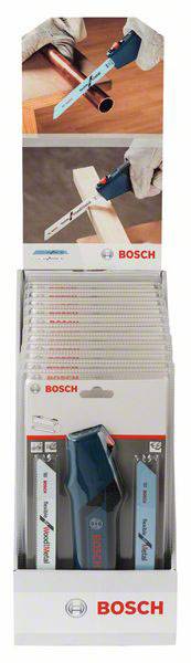 Advertising display for Bosch saw blades. Top: Detailed images of saw usage. Bottom: Product packaging on shelves.
