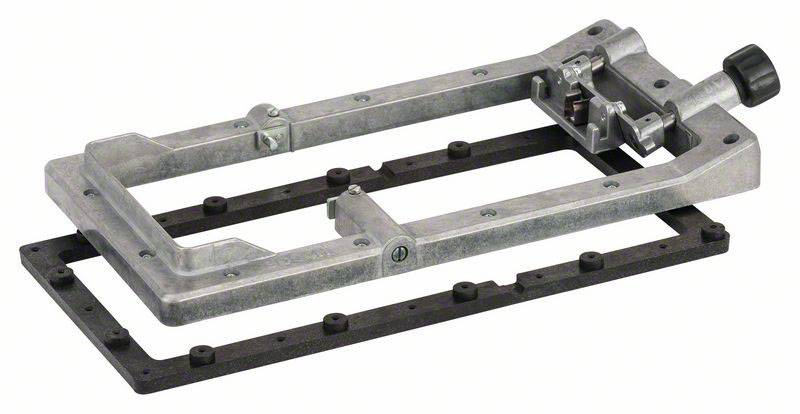 A metallic drill frame with adjustment knob and screw clamps, used for precise alignment when drilling surfaces.