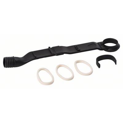 Black holder with adapter and three white sealing rings, presumably parts for a bicycle or technical device.