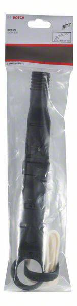 A black rubber hose adapter in a transparent packaging by Bosch, for connecting power tools to a vacuum cleaner.