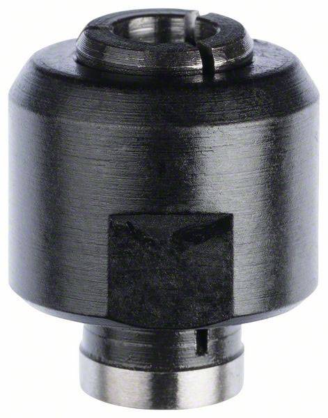A black, cylindrical metal adapter with grooves and an internal opening, likely for mechanical or technical applications.