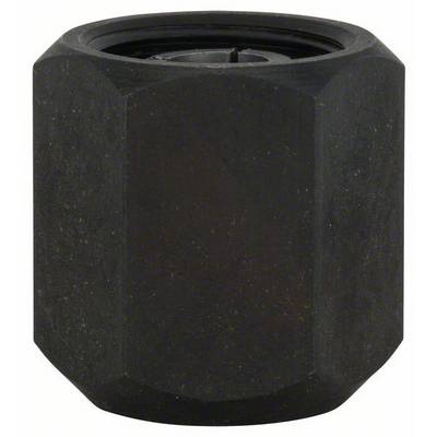 A black hexagonal nut with a smooth surface, positioned vertically.