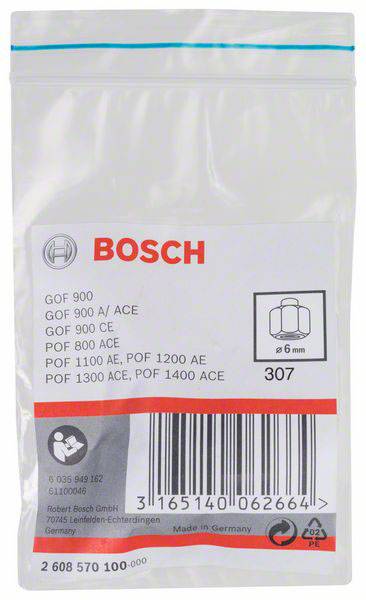 Plastic bag packaging for Bosch router accessories, listed with various part numbers and barcode.