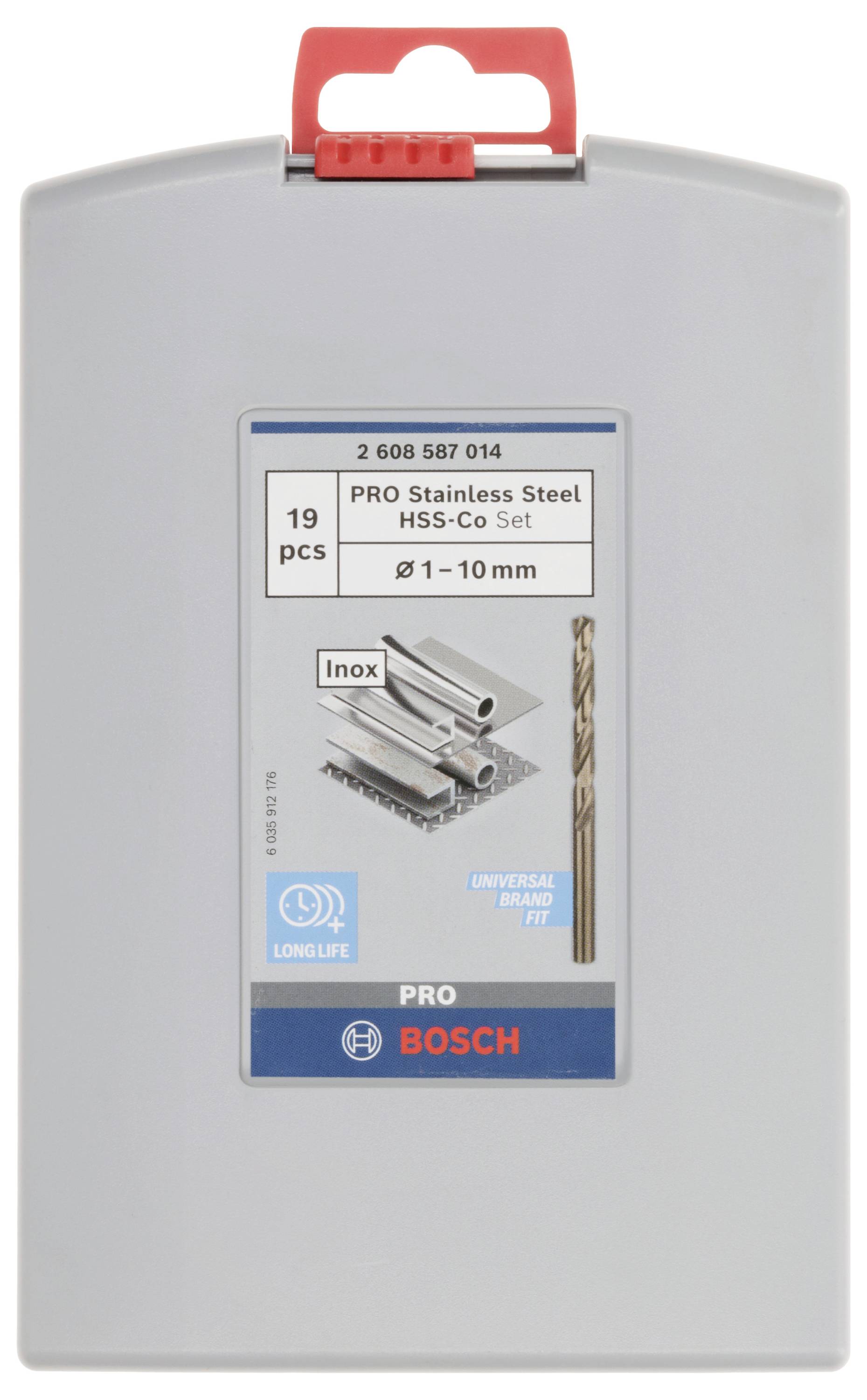 Drill bit set for stainless steel, 19 pieces, Ø 1-10 mm. Brand Bosch. Packaging shows drill bits and 'PRO Stainless Steel HSS-Co Set'.