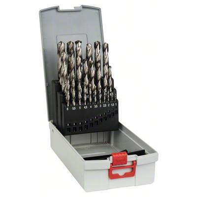 Drill bit set in an open, grey plastic box with a red closure. The drill bits are sorted by size, ranging from 2 to 10 mm.