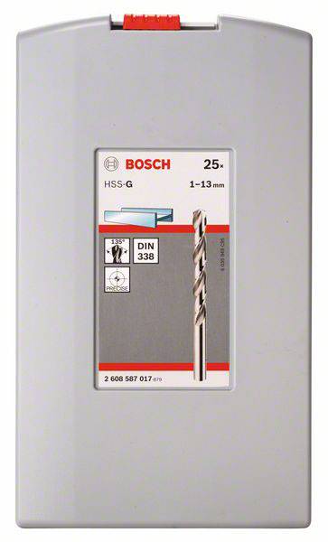Grey packaging with Bosch logo and drill illustration. 'HSS-G 1-13 mm' printed on the label. Contains 25 metal drill bits.