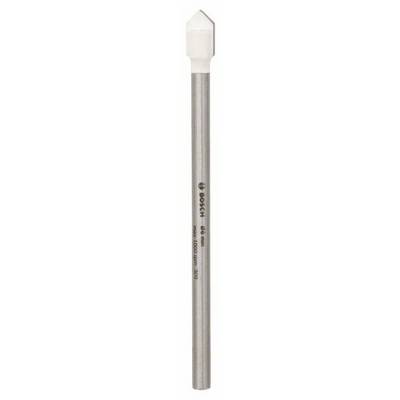 Metal drill bit with a pointed white head and silver shaft, vertically aligned.