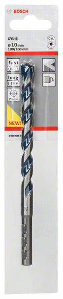 Drill bit in packaging, Bosch CYL-9, diameter 10 mm, length 100/150 mm. Suitable for reinforced concrete and rock.