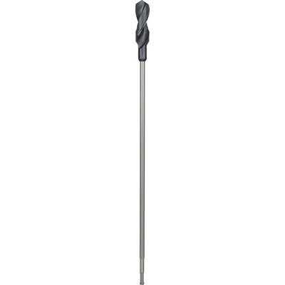 'Long drill bit with a black spiral drill head and silver shaft, used for precise drilling in metal or wood.'