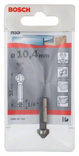 Packaging for a Bosch Countersink Drill Bit, 10.4 mm diameter, 90 degrees, suitable for wood, metal, and plastic. Illustrated graphics show material usage.