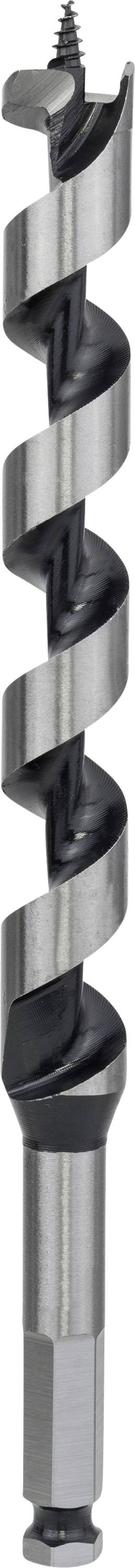 A large wood drill bit with a spiral cutting head and sharp point for drilling holes in wooden surfaces.
