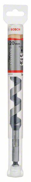 Drill in packaging, Bosch brand, 20 mm diameter, 230 mm length, suitable for wood. Packaging with clear, red labelling.
