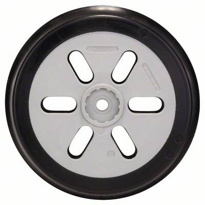 A black wheel with a grey hub that could serve to support devices. Contains the logo and brand name.
