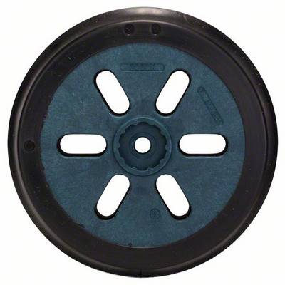 Black round plastic wheel with six oval spokes and a gear-like structure in the centre, against a white background.