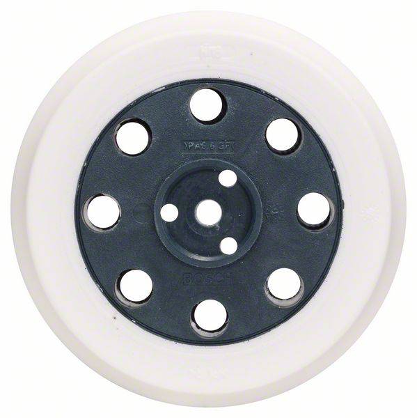 A circular tool component with white and black elements, featuring multiple holes and a central axis.