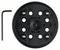 Round black plastic disc with several holes and four screws. Beside it lies an Allen key.