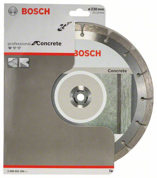 A Bosch diamond cutting disc for concrete with a diameter of 230 mm. Packaging shows product features and application instructions.