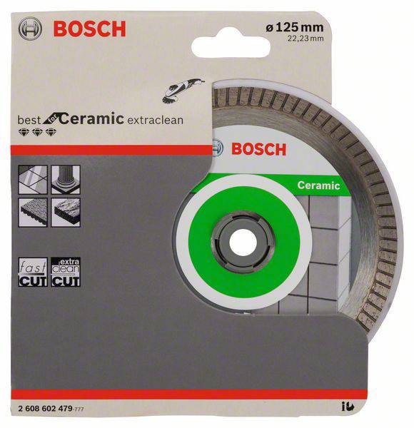 Packaging for a Bosch ceramic cutting disc, 125 mm. Product details: 'Thanks to an extra clean cut, ideal for ceramic tiles.'