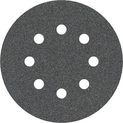 Grey, round sandpaper with eight evenly spaced holes for attaching to a sanding device.