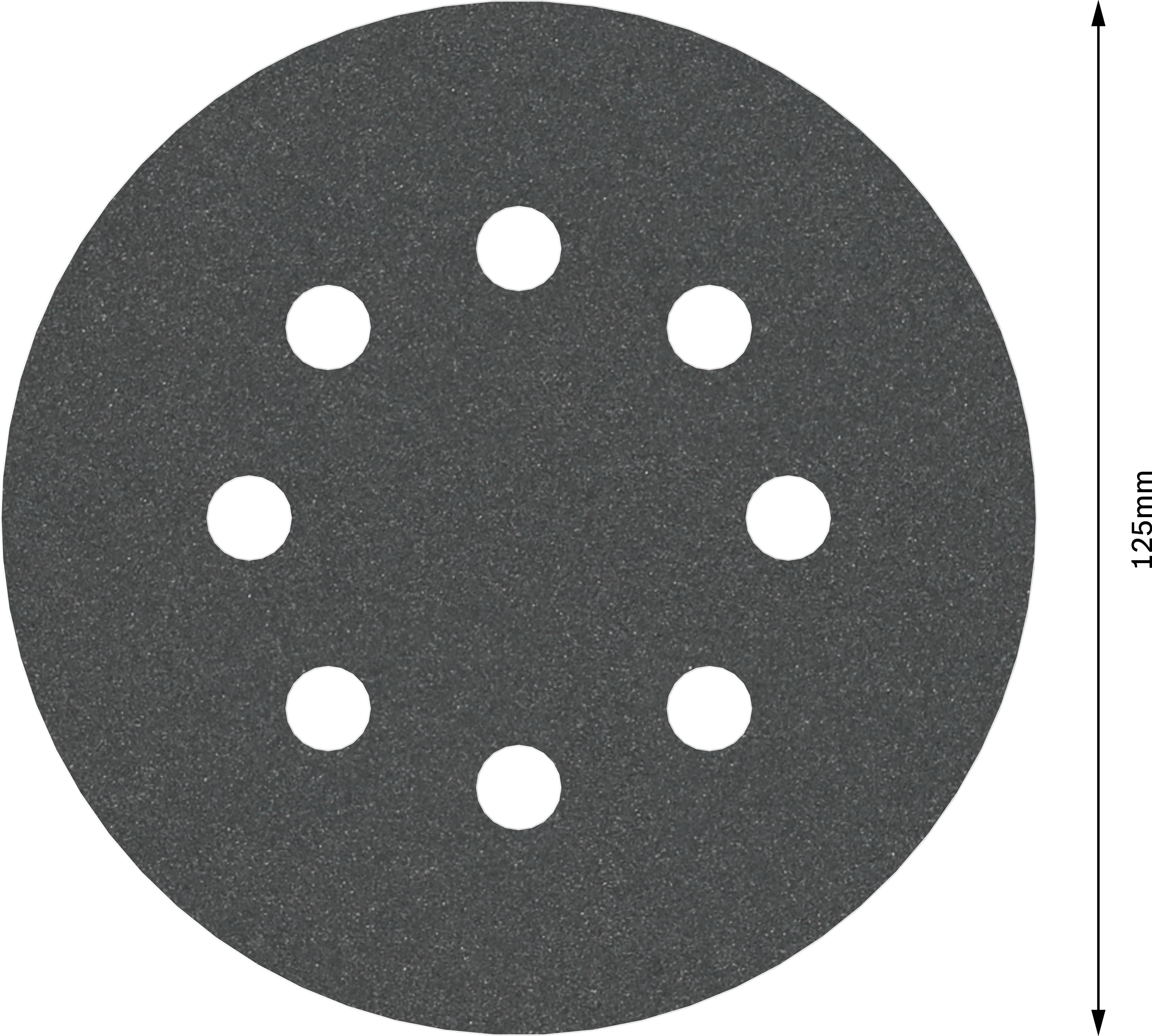 Grinding disc with a diameter of 125 mm, in dark color, with nine evenly distributed holes.