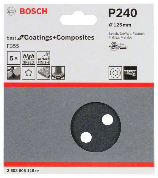 A pack of Bosch Sandpaper P240, 125 mm diameter, suitable for coatings and composite materials. Contains five sanding discs.