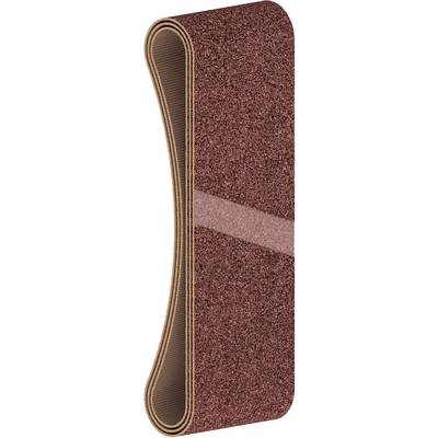 Endless sanding belt, rust-brown sanding surface, slightly curved, edge view.
