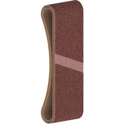 Brown abrasive belt in an oval, closed loop, texture discernible.