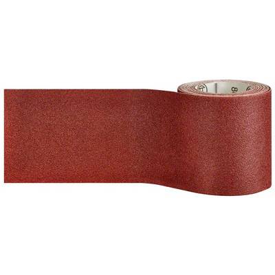 A roll of red sandpaper with a fine-grained surface unrolls to the right. Ideal for smoothing surfaces in woodwork or metalwork.