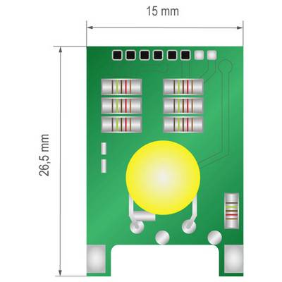 A green LED circuit board, 15mm by 26.5mm, featuring resistors, connectors, and a large yellow LED at the center.