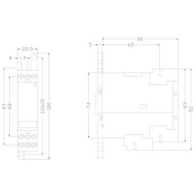 'Diagram of an electrical switching device with dimensions: left 110 x 87 mm, right 82 x 74 mm. Screw connections shown.'
