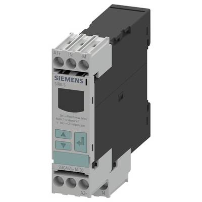 A Siemens SIRIUS switching device in gray and black. Shows multiple connections and labels for delay, memory and switching principle.