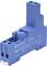 A blue relay socket marked 'Finder', featuring multiple connection points and diagrams for wiring configurations. Rated 10A 300VAC, 12A 150VAC.