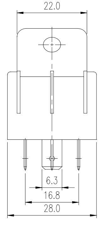 Technical drawing of a plug with dimensions: width 28 mm, height 22 mm, depth 16.8 mm. Contains mounting holes.