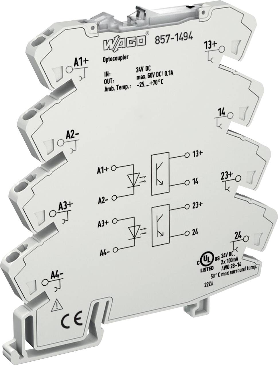 A white WAGO optocoupler module with input/output connection points labeled A1+, A2-, 13+, and 23-. Includes circuit diagrams and certification marks.