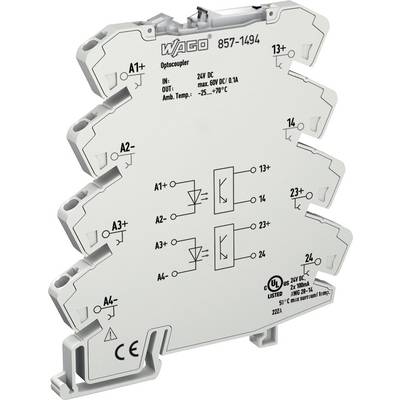 A white WAGO optocoupler module with input/output connection points labeled A1+, A2-, 13+, and 23-. Includes circuit diagrams and certification marks.