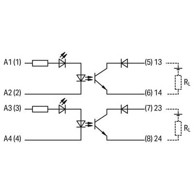 'Circuit diagram showing A1 and A2 inputs leading to LED, diode, connected to points (5) to 13. A3 and A4 inputs lead to similar setup to (7) then 23, both connected to load RL.'