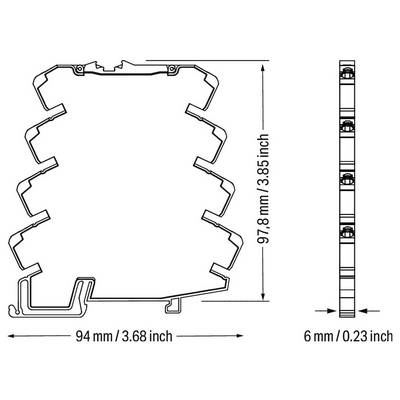 Technical drawing of a cross-sectional profile of an object with dimensions. Width: 94 mm (3.68 inches), height: 97.8 mm (3.85 inches), depth: 6 mm (0.23 inches).
