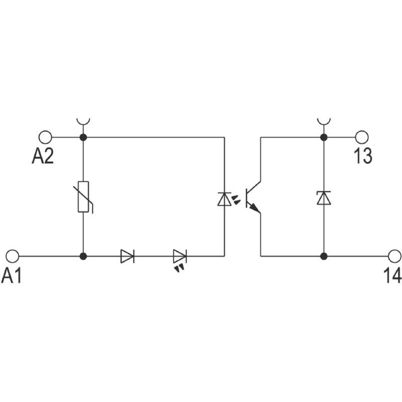 Circuit diagram of a relay with diodes and transistor. Terminals: A1, A2, 13, 14. Diodes for rectification, transistor as a switch.
