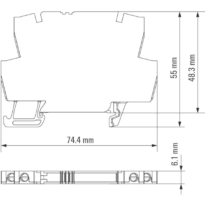 Technical drawing of a housing type with dimensions: 55 mm height, 48.3 mm width, 74.4 mm length, 6.1 mm depth.