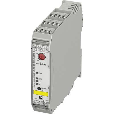 An electronic relay module with labeled terminals, indicating a maximum current of 2.4A. Features buttons for reset and settings.