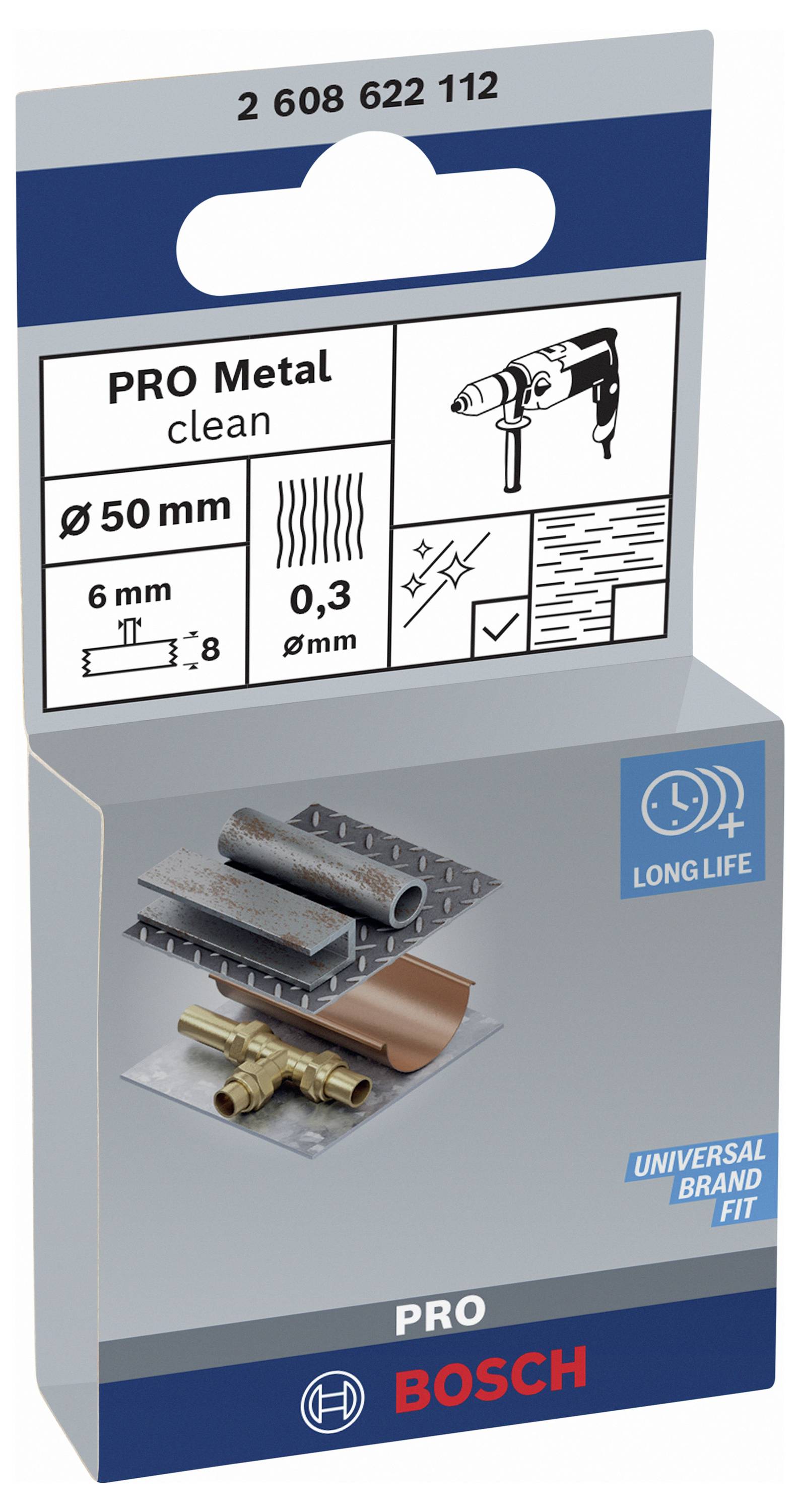 Packaging for Bosch PRO Metal Core Drill Bit. Drawings show application, diameter 50 mm, service life, drill and metal pipes.