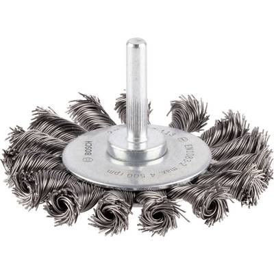 A round wire brush attachment with spirally arranged bristles, suitable for removing rust or paint from metal surfaces.