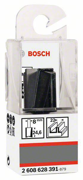 Packaging for a Bosch router bit with 8 mm diameter. Contains illustrations and technical details for the tool, suitable for woodworking.